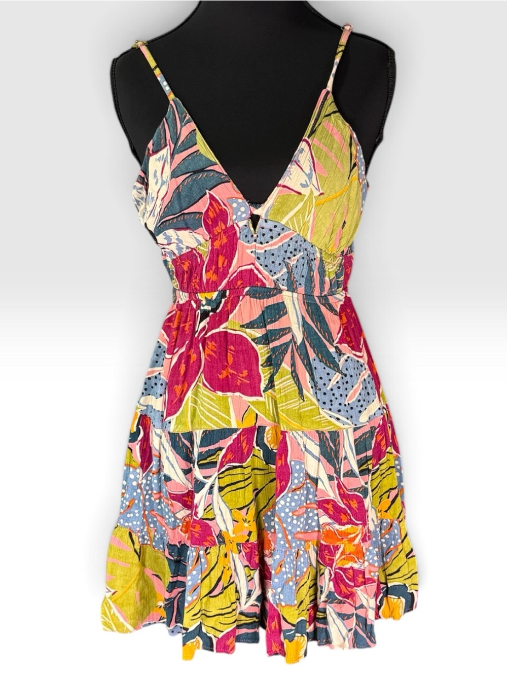 Angie Tropical Floral Open Back Tiered Mini Sundress Medium - Picture 2 of 4